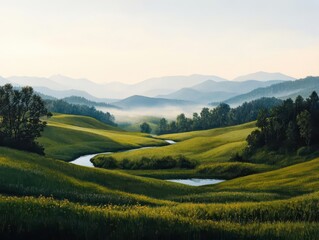 Serene landscape painting of rolling hills fading into the horizon