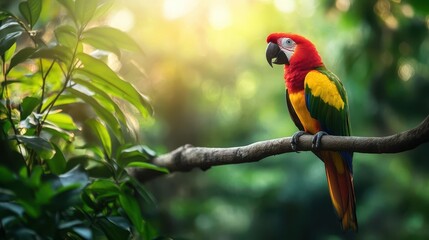 Obraz premium A vibrant, colorful tropical bird sitting on a tree branch in the jungle, with lush green foliage in the background and natural sunlight highlighting its feathers
