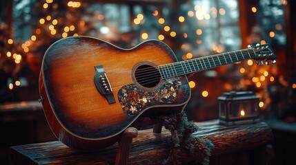 Acoustic guitar resting in a cozy, festive setting with lights.