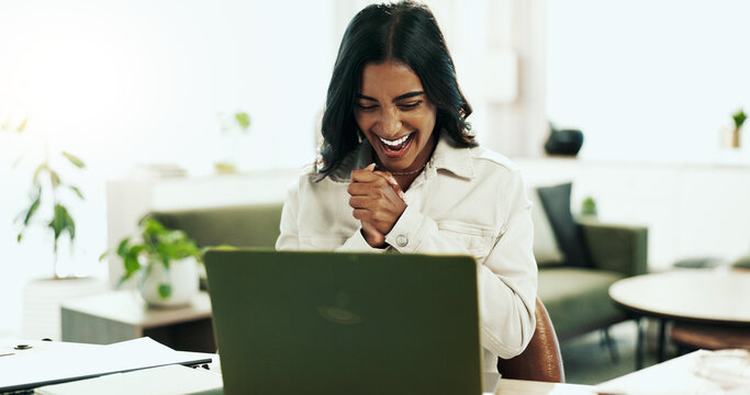 Remote work, woman and applause at laptop for success, company growth or good news in email. Virtual assistant, computer and excited in home for promotion, achievement and bonus or career opportunity