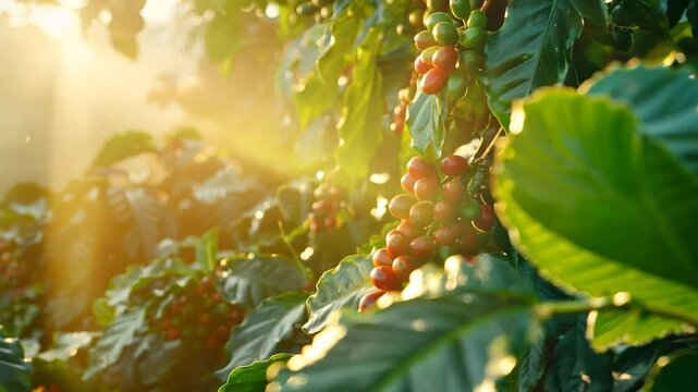 Coffee beans being picked from bushes on a misty morning,