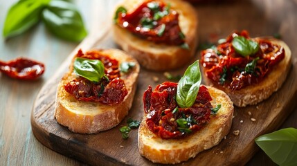 Basil and half-dried tomatoes on a bruschetta
