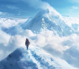 Naklejka premium A lone climber stands atop a snowy peak, surrounded by clouds and majestic mountains. The scene captures the beauty and challenge of adventure. Generative AI