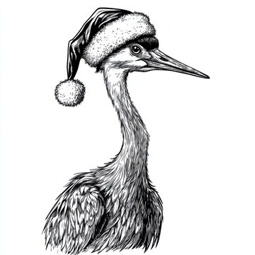recommend clip art: Black and white Vintage engraved art of a Crested Crane wearing a Christmas Santa hat, isolated on white background, ink sketch illustration, simple vector art design, highly detailed line art
