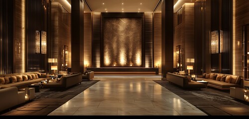 Obraz premium Chic hotel lobby with plush sofas and a stylish modern ambiance.