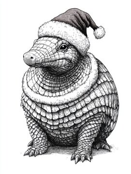 recommend clip art: Black and white Vintage engraved art of a full-body armadillo wearing a Christmas Santa hat, isolated on white background, ink sketch illustration, simple vector art design, highly detailed line art