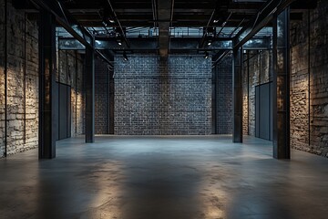Dark metallic beams and slate brick walls in a spacious high-end film shooting location.
