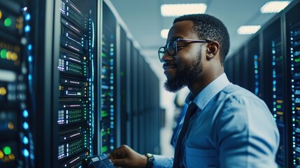 IT Technician Working on Server Rack in Data Center