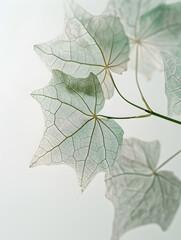 The closeup image beautifully captures the intricate details of nature, featuring translucent leaves with delicate vein patterns under soft lighting against a bright background
