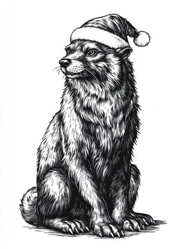 recommend clip art: Black and white Vintage engraved art of a full-body wolverine wearing a Christmas Santa hat, isolated on white background, ink sketch illustration, simple vector art design, highly detailed line art