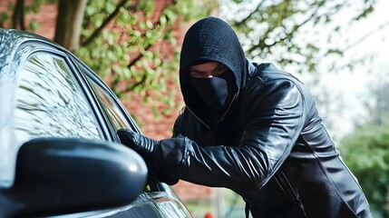 A hooded figure attempts to break into a car in an urban setting, embodying themes of crime and stealth.
