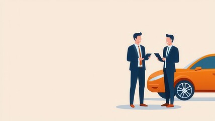 Agent explaining car insurance policy benefits, customer interaction, flat design illustration