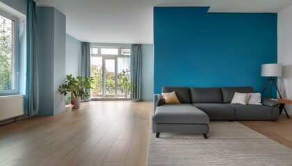 Fototapeta premium Modern interior design of apartment, empty living room with blank blue wall