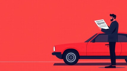 Driver holding car insurance policy, checking coverage, flat design illustration