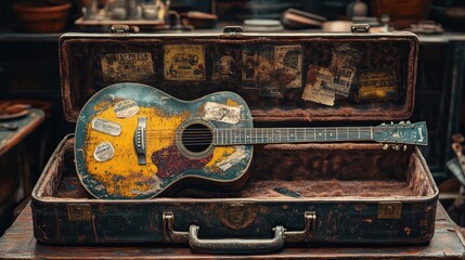 Vintage guitar in a worn suitcase, showcasing musical history.