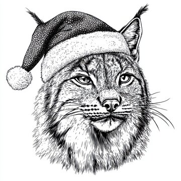 recommend clip art: Black and white Vintage engraved art of a lynx wearing a Christmas Santa hat, isolated on white background, ink sketch illustration, simple vector art design, highly detailed line art,