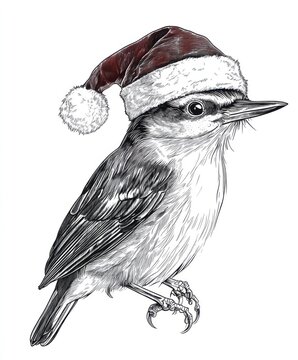 recommend clip art: Black and white Vintage engraved art of a Nuthatch wearing a Christmas Santa hat, isolated on white background, ink sketch illustration, simple vector art design, highly detailed line art
