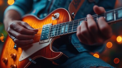 Obraz premium A close-up of hands playing an electric guitar with warm lights.
