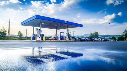 Fototapeta premium A modern gas station with a blue roof and clean design, surrounded by nature under a clear sky, reflecting in puddles.
