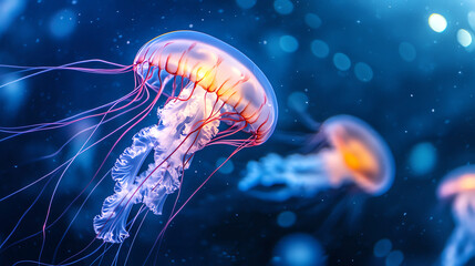 Naklejka premium Glowing jellyfish in deep blue ocean, illuminating their surroundings, underwater glowtime, captivating and surreal marine life