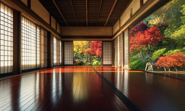 Japanese dojo interior design and bonsai 4k looping virtual overlay video animation
