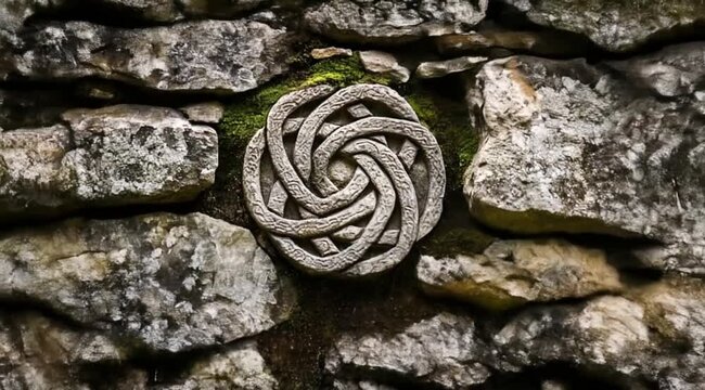 Scene of close up view ancient celtic knot carved in old stone, Camera slow motion with different angles