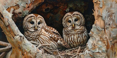 A pair of barred owls safeguarding their breeding location