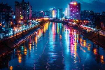 Fototapeta premium Neon Cityscape Reflections