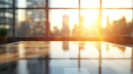 Glass American table capturing morning sunlight over a blurred New York office.