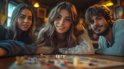 Fototapeta premium Scene of young adults playing board games in a cozy living room