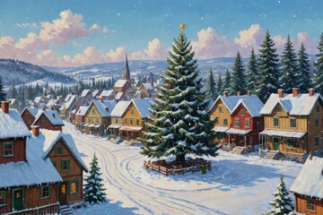 Fototapeta premium Watercolor artistic image of winter landscape with a wooden hut, a wooden house, snow on the roof of the house, warm light in the windows, snow everywhere, new year, a decorated christmas tree outside