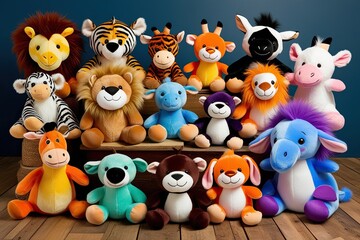 Naklejka premium Vibrant Assortment of Plush Zoo Creatures in Soft and Furry Styles