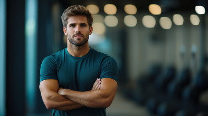 Fototapeta premium Portrait of a confident young man with muscular build, standing with arms crossed in a modern, well-lit gym setting.