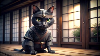 A sleek black feline clad in miniature martial arts gear, including a tiny mask and ninja headband, perches