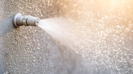 Stream of high-pressure water cleansing a filthy exterior wall, dynamic droplets flying, unveiling spotless surfaces, contrast between clean and dirty