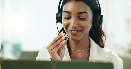 Smile, woman and support with headphones in call centre for customer service, telemarketing and...