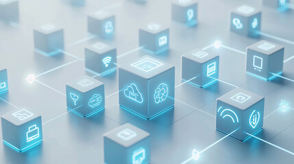3D-rendered cubes featuring IoT symbols like connected devices, smart home, and cloud computing, connected by glowing lines on a minimalist white background 