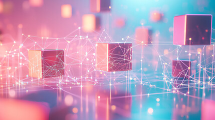 Obraz premium Abstract 3D cubes representing IoT and technology elements like wireless networks, digital platforms, and automation, connected by glowing lines on a plain pastel background 