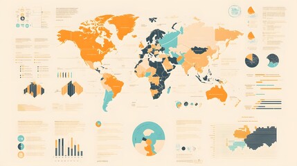World Map with Geographic and Statistical Data Visualization