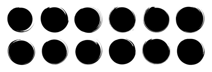 Spinning black circles vector collection. Grungy round shapes. Set of circular squiggles. Isolated hand-drawn round stamps. Design elements for logo, label or emblem. Grunge brush textures pack
