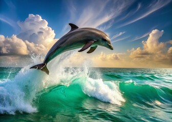 Fototapeta premium A sleek dolphin bursts out of turquoise ocean waves, its shimmering grey body arcing in mid-air, sunlight catching