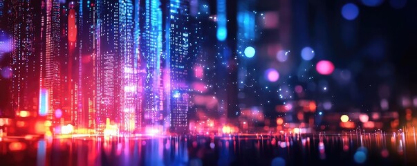 Vibrant digital abstraction with colorful lights and reflective surfaces, creating a futuristic atmosphere.