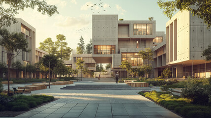 Obraz premium A digital rendering of a Neo Brutalism-inspired university campus, featuring large concrete structures, open spaces, and minimalist design elements