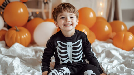 Little boy in a skeleton costume with pumpkins and balloons. Halloween orange and black decoration. Funny spooky childish party
