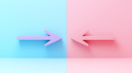 A clean 3D rendering of two arrows, one up and one down, symbolizing opposing choices, placed neatly on a smooth, pastel-colored surface 