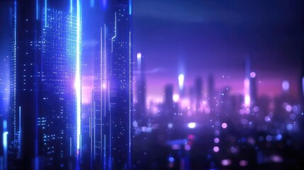 Futuristic cityscape with neon lights illuminating skyscrapers in a vibrant purple and blue atmosphere, ideal for technology themes.
