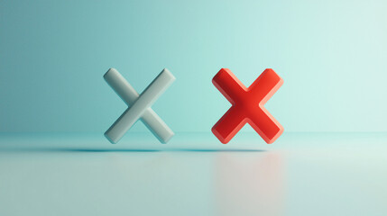 Obraz premium Minimal 3D icons of a checkmark and an X, both floating above a clean surface with a subtle shadow, highlighting a decision-making moment 