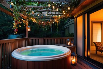 Romantic Outdoor Jacuzzi Surrounded by Lush Foliage and Lanterns for Anniversary Retreat