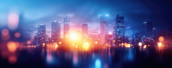 Obraz premium A vibrant city skyline illuminated by colorful lights, reflected in calm waters at dusk, creating a serene urban atmosphere.