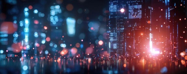 A futuristic cityscape illuminated by neon lights and vibrant reflections, creating a mesmerizing digital atmosphere.